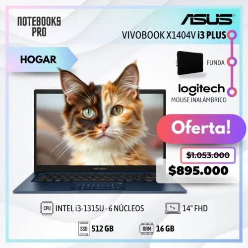 ASUS VIVOBOOK X1404V PLUS - i3-1315U - SSD 512 GB - 16 GB RAM - 14" FHD - 6 Núcleos