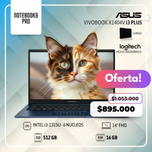ASUS VIVOBOOK X1404V PLUS - i3-1315U - SSD 512 GB - 16 GB RAM - 14" FHD - 6 Núcleos