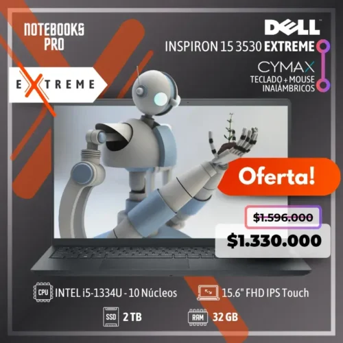 DELL INSPIRON 15 3530 EXTREME - i5-1334U - SSD 2 TB - 32 GB RAM - 15.6" FHD IPS Touch - 10 Núcleos + KIT TECLADO + MOUSE WIRELESS CYMAX