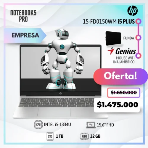 HP 15-FD0150WM PLUS - i5-1334U - SSD 1 TB - 32 GB RAM - 15'6 FHD IPS Touch - 10 Núcleos