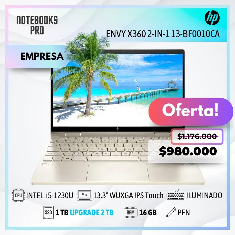 HP ENVY x360 2-IN-1 13-BF0010CA - i5-1230U - SSD 1 TB - 16 GB RAM - 13.3" WUXGA IPS Touch - Teclado Retroiluminado  - Lápiz óptico - 10 Núcleos