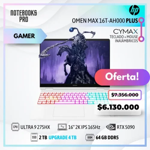 HP OMEN MAX 16T-AH000 PLUS - Ultra 9 275HX - SSD 2 TB - 64 GB RAM DDR5 - RTX 5090- 16" 2K IPS 165Hz - Teclado Retroiluminado - 24 Núcleos + KIT TECLADO + MOUSE WIRELESS CYMAX