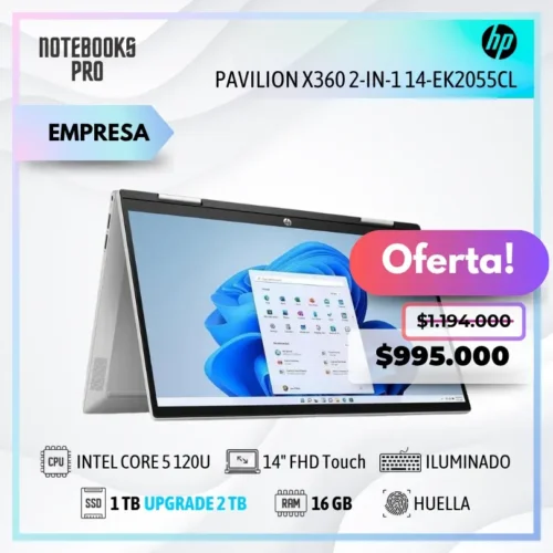 HP Pavilion x360 2-IN-1 14-EK2055CL - INTEL CORE 5 120U - SSD 1 TB - 16 GB RAM - 14" FHD 360° Touch - Lector de huella - Teclado retroiluminado - 10 Núcleos