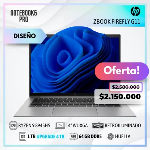 HP ZBook Firefly G11 - RYZEN 9 8945HS - SSD 1 TB - 64 GB RAM DDR5 - 14" WUXGA - Teclado retroiluminado - Lector de huella - 8 Núcleos
