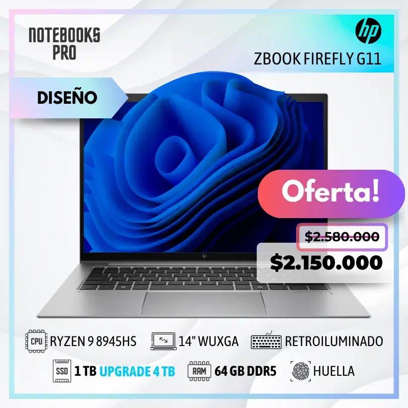 HP ZBook Firefly G11 - RYZEN 9 8945HS - SSD 1 TB - 64 GB RAM DDR5 - 14" WUXGA - Teclado retroiluminado - Lector de huella - 8 Núcleos