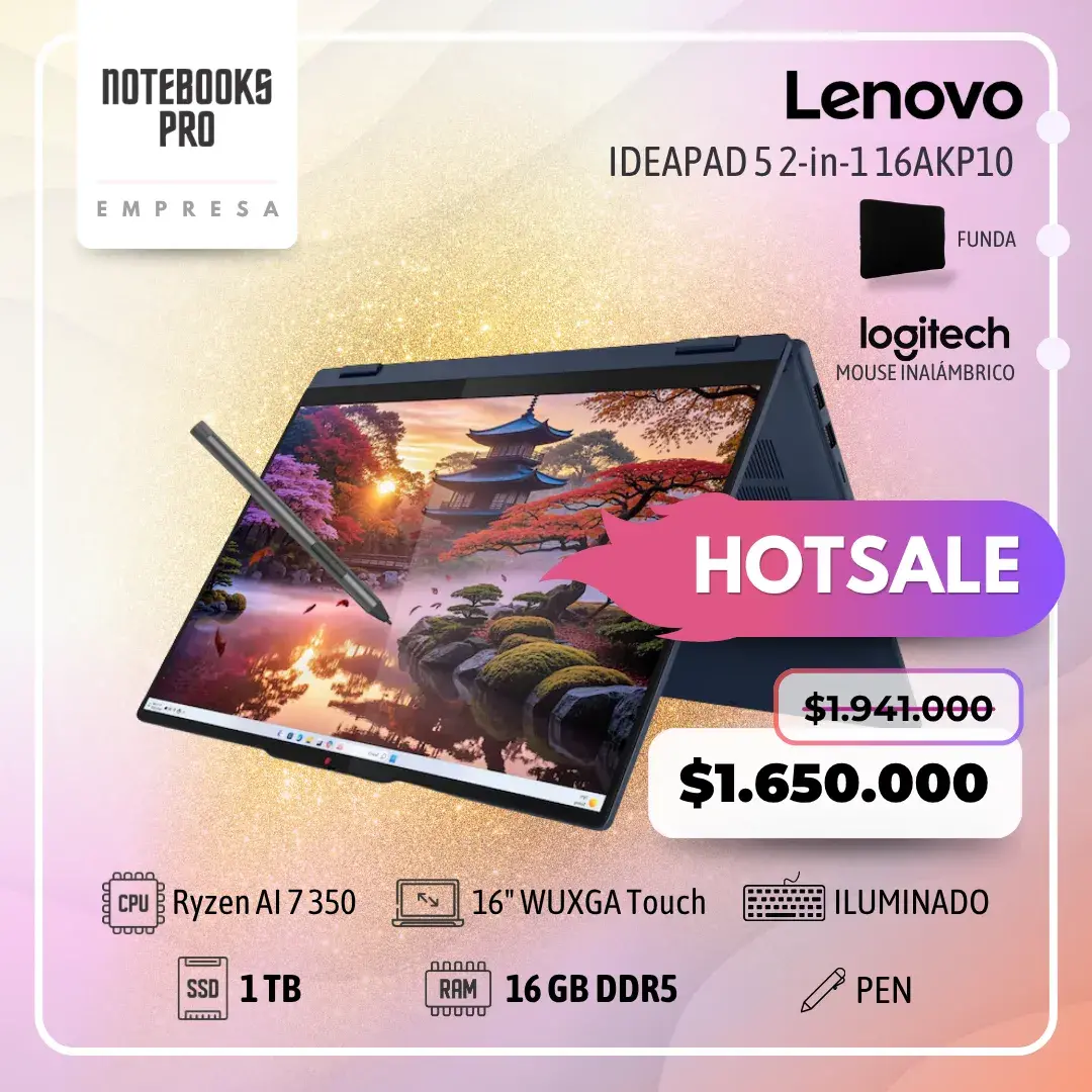 LENOVO IDEAPAD 5 2-in-1 16AKP10 - RYZEN AI 7 350 - SSD 1tb - 16 GB RAM DDR5 - 16" WUXGA Touch - Teclado Retroiluminado - Lápiz óptico - 8 Núcleos