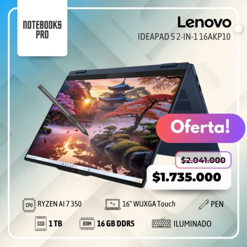 LENOVO IDEAPAD 5 2-in-1 16AKP10 - RYZEN AI 7 350 - SSD 1tb - 16 GB RAM DDR5 - 16" WUXGA Touch - Teclado Retroiluminado - Lápiz óptico - 8 Núcleos