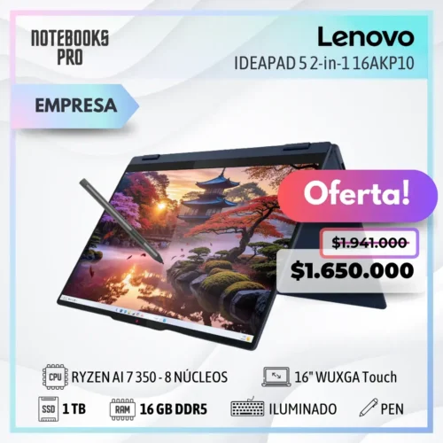 LENOVO IDEAPAD 5 2-in-1 16AKP10 - RYZEN AI 7 350 - SSD 1tb - 16 GB RAM DDR5 - 16" WUXGA Touch - Teclado Retroiluminado - Lápiz óptico - 8 Núcleos