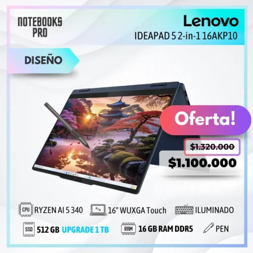 LENOVO IDEAPAD 5 2-in-1 16AKP10 - RYZEN AI 5 340 - SSD 512 GB - 16 GB RAM DDR5 - 16" WUXGA Touch - Teclado Retroiluminado - Lápiz óptico - 6 Núcleos