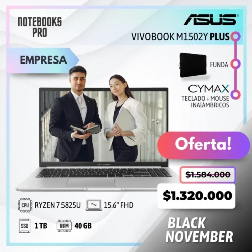 ASUS VIVOBOOK M1502Y PLUS - RYZEN 7 5825U - SSD 1 TB - 40 GB RAM - 15.6'' FHD - 8 Núcleos - Teclado español + Funda y kit Cymax de Regalo BN