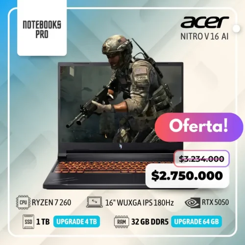 ACER NITRO V 16 AI - RYZEN 7 260 - SSD 1 TB - 32 GB RAM DDR5 - RTX 5050 - 16" WUXGA IPS 180Hz - 8 Núcleos - Teclado Retroiluminado