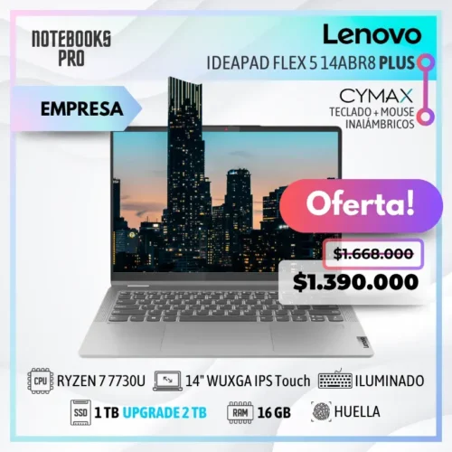 LENOVO IDEAPAD FLEX 5 14ABR8 PLUS - RYZEN 7 7730U - SSD 1 TB - 16 GB RAM - 14" WUXGA IPS Touch 360° - Teclado retroiluminado