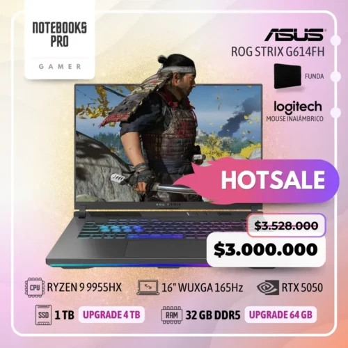 ASUS ROG STRIX G614FH - RYZEN 9 9955HX - SSD 1TB - 32 GB RAM DDR5 - 16" WUXGA 165Hz - RTX 5050 - Teclado retroiluminado - 16 Núcleos