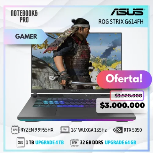 ASUS ROG STRIX G614FH - RYZEN 9 9955HX - SSD 1TB - 32 GB RAM DDR5 - 16" WUXGA 165Hz - RTX 5050 - Teclado retroiluminado - 16 Núcleos