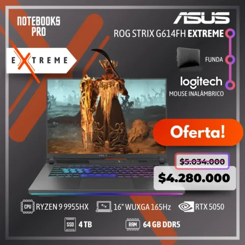 ASUS ROG STRIX G614FH EXTREME - RYZEN 9 9955HX - SSD 4TB - 64 GB RAM DDR5 - 16" WUXGA 165Hz - RTX 5050 - Teclado retroiluminado - 16 Núcleos