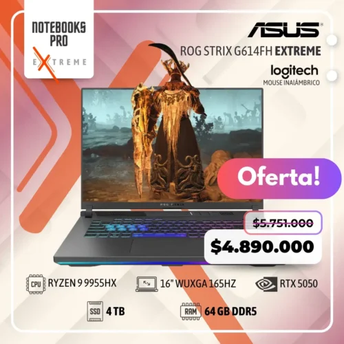 ASUS ROG STRIX G614FH EXTREME - RYZEN 9 9955HX - SSD 4TB - 64 GB RAM DDR5 - 16" WUXGA 165Hz - RTX 5050 - Teclado retroiluminado - 16 Núcleos