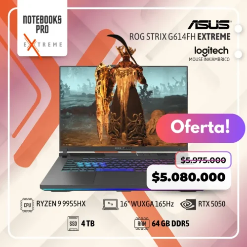 ASUS ROG STRIX G614FH EXTREME - RYZEN 9 9955HX - SSD 4TB - 64 GB RAM DDR5 - 16" WUXGA 165Hz - RTX 5050 - Teclado retroiluminado - 16 Núcleos