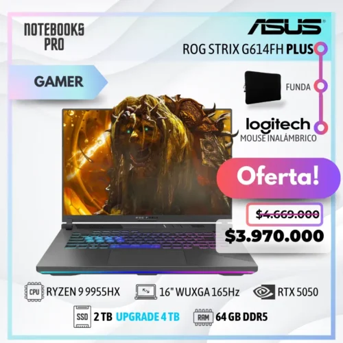 ASUS ROG STRIX G614FH PLUS - RYZEN 9 9955HX - SSD 2TB - 64 GB RAM DDR5 - 16" WUXGA 165Hz - RTX 5050 - Teclado retroiluminado - 16 Núcleos