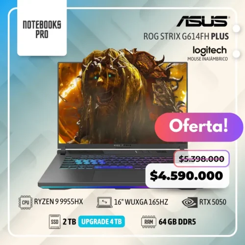 ASUS ROG STRIX G614FH PLUS - RYZEN 9 9955HX - SSD 2TB - 64 GB RAM DDR5 - 16" WUXGA 165Hz - RTX 5050 - Teclado retroiluminado - 16 Núcleos