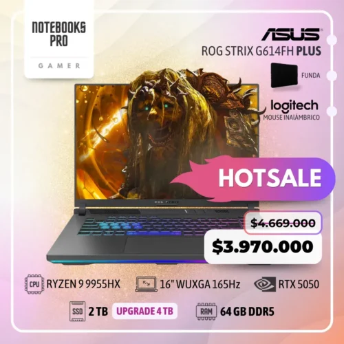 ASUS ROG STRIX G614FH PLUS - RYZEN 9 9955HX - SSD 2TB - 64 GB RAM DDR5 - 16" WUXGA 165Hz - RTX 5050 - Teclado retroiluminado - 16 Núcleos