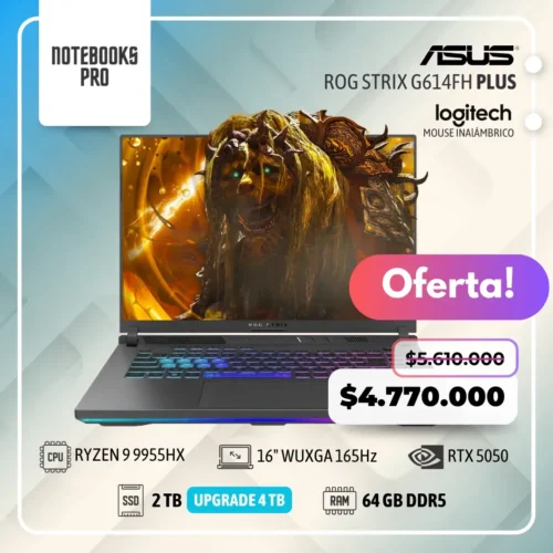 ASUS ROG STRIX G614FH PLUS - RYZEN 9 9955HX - SSD 2TB - 64 GB RAM DDR5 - 16" WUXGA 165Hz - RTX 5050 - Teclado retroiluminado - 16 Núcleos