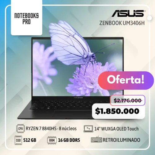 ASUS ZENBOOK UM3406H - RYZEN 7 8840HS - SSD 512 GB - 16 RAM DDR5 - 14'' WUXGA OLED Touch - 8 Núcleos - Teclado retroiluminado