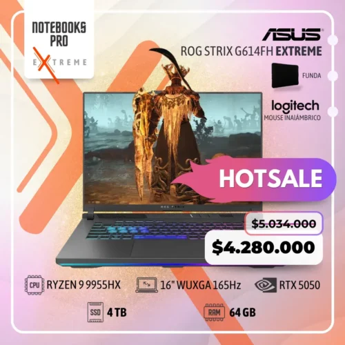 ASUS ROG STRIX G614FH EXTREME - RYZEN 9 9955HX - SSD 4TB - 64 GB RAM DDR5 - 16" WUXGA 165Hz - RTX 5050 - Teclado retroiluminado - 16 Núcleos