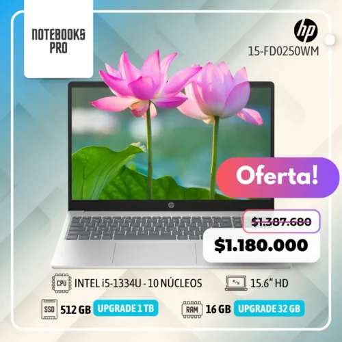 HP 15-FD0250WM - i5-1334U - SSD 512 GB - 16 GB RAM - 15.6” HD LED - 10 Núcleos