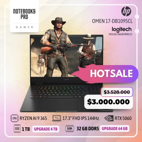 HP OMEN 17-DB1095CL - RYZEN AI 9 365 - SSD 1 TB - 32 GB RAM DDR5 - 17.3" FHD IPS 144Hz - RTX 5060 - Teclado retroiluminado - 10 Núcleos