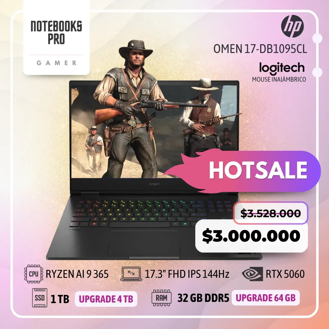 HP OMEN 17-DB1095CL - RYZEN AI 9 365 - SSD 1 TB - 32 GB RAM DDR5 - 17.3" FHD IPS 144Hz - RTX 5060 - Teclado retroiluminado - 10 Núcleos