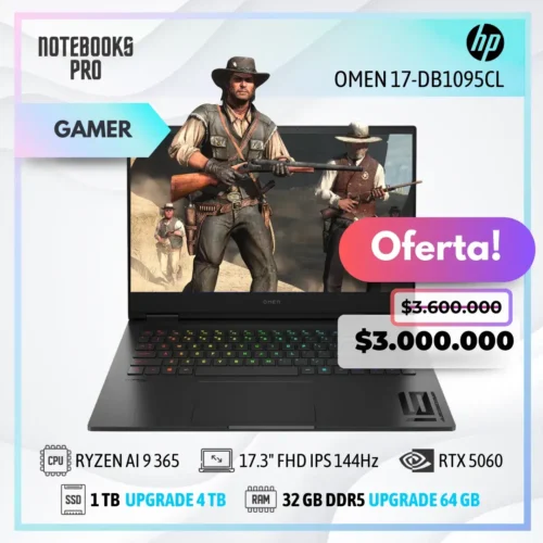 HP OMEN 17-DB1095CL - RYZEN AI 9 365 - SSD 1 TB - 32 GB RAM DDR5 - 17.3" FHD IPS 144Hz - RTX 5060 - Teclado retroiluminado - 10 Núcleos