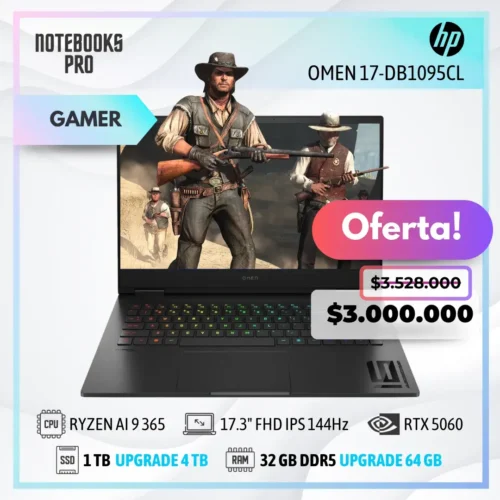 HP OMEN 17-DB1095CL - RYZEN AI 9 365 - SSD 1 TB - 32 GB RAM DDR5 - 17.3" FHD IPS 144Hz - RTX 5060 - Teclado retroiluminado - 10 Núcleos