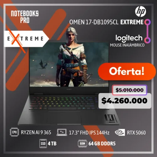 HP OMEN 17-DB1095CL EXTREME - RYZEN AI 9 365 - SSD 4 TB - 64 GB RAM DDR5 - 17.3" FHD IPS 144Hz - RTX 5060 - Teclado retroiluminado - 10 Núcleos