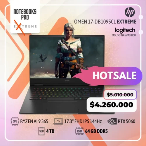 HP OMEN 17-DB1095CL EXTREME - RYZEN AI 9 365 - SSD 4 TB - 64 GB RAM DDR5 - 17.3" FHD IPS 144Hz - RTX 5060 - Teclado retroiluminado - 10 Núcleos