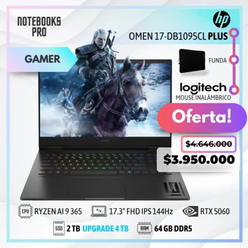 HP OMEN 17-DB1095CL PLUS - RYZEN AI 9 365 - SSD 2 TB - 64 GB RAM DDR5 - 17.3" FHD IPS 144Hz - RTX 5060 - Teclado retroiluminado - 10 Núcleos