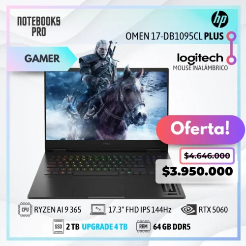 HP OMEN 17-DB1095CL PLUS - RYZEN AI 9 365 - SSD 2 TB - 64 GB RAM DDR5 - 17.3" FHD IPS 144Hz - RTX 5060 - Teclado retroiluminado - 10 Núcleos