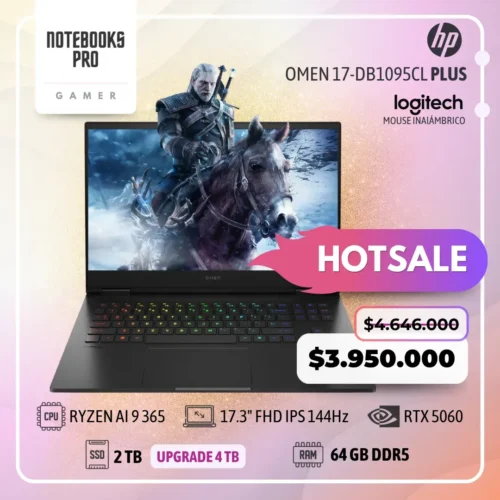 HP OMEN 17-DB1095CL PLUS - RYZEN AI 9 365 - SSD 2 TB - 64 GB RAM DDR5 - 17.3" FHD IPS 144Hz - RTX 5060 - Teclado retroiluminado - 10 Núcleos
