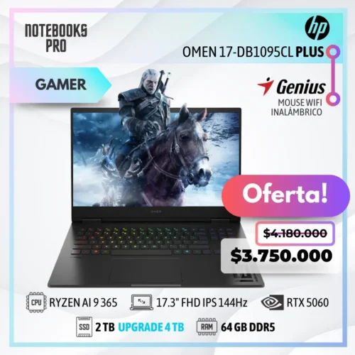 HP OMEN 17-DB1095CL PLUS - RYZEN AI 9 365 - SSD 2 TB - 64 GB RAM DDR5 - 17.3" FHD IPS 144Hz - RTX 5060 - Teclado retroiluminado - 10 Núcleos