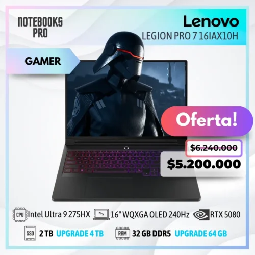 LENOVO LEGION PRO 7 16IAX10H - Intel Core Ultra 9 275HX - SSD 2 TB - 32 GB RAM DDR5 - RTX 5080 - 16" WQXGA OLED 240Hz - Teclado Retroiluminado - 24 Núcleos
