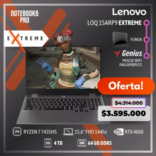 LENOVO LOQ 15ARP9 EXTREME - RYZEN 7 7435HS - SSD 4TB - 64 GB RAM DDR5 - 15.6" FHD 144hz - RTX 4060 - Teclado retroiluminado - 8 Núcleos