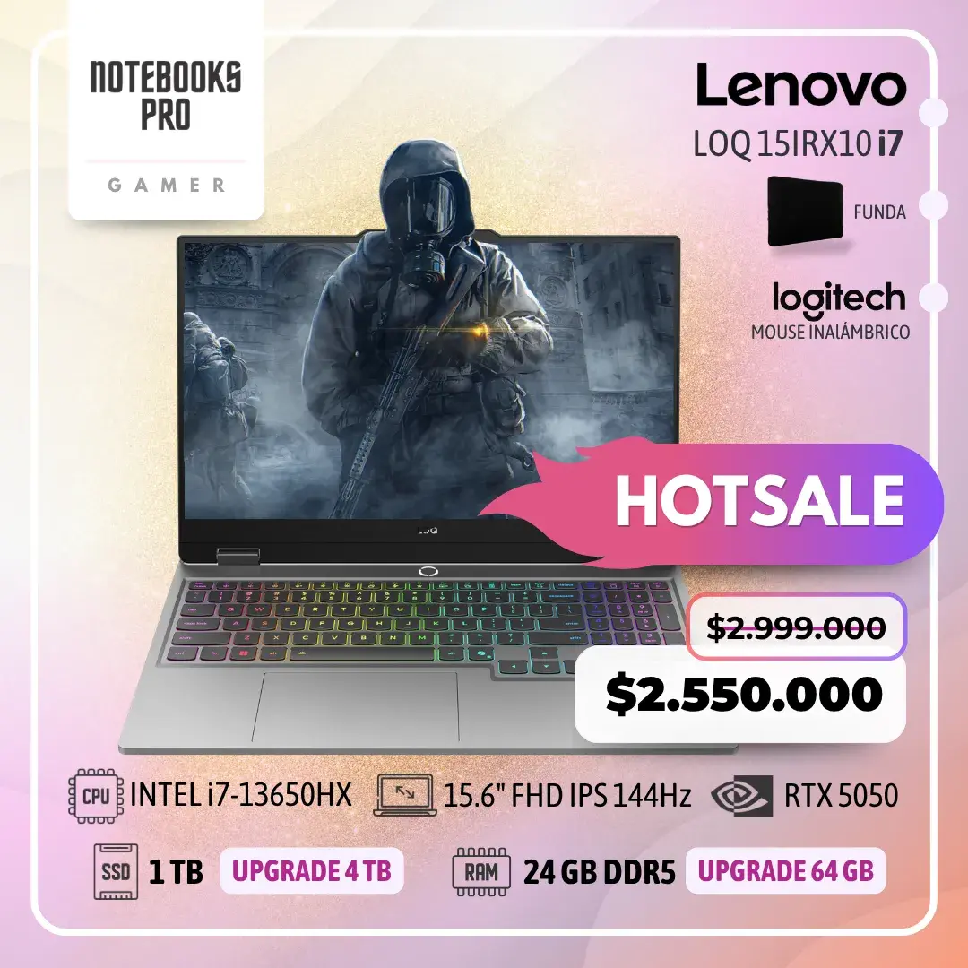 LENOVO LOQ 15IRX10 - i7-13650HX - SSD 1TB - 24 GB RAM DDR5 - 15.6" FHD IPS 144Hz - RTX 5050 - 14 núcleos - Teclado retroiluminado