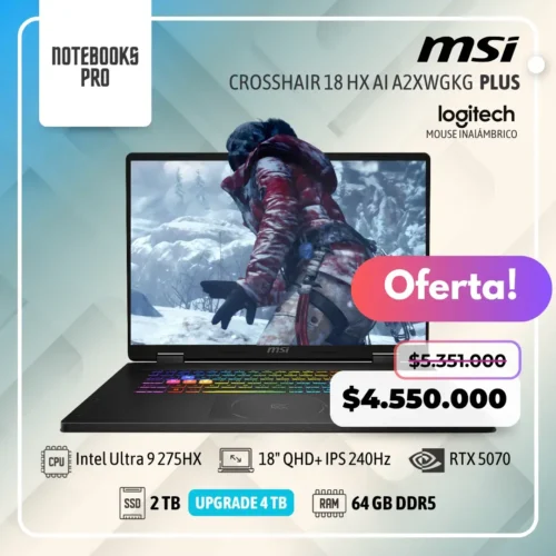 MSI CROSSHAIR 18 HX AI A2XWGKG PLUS - Ultra 9 275HX - SSD 2 TB - 64 GB RAM DDR5 - RTX 5070 - 18" QHD+ IPS 240Hz - Teclado Retroiluminado - 24 Núcleos