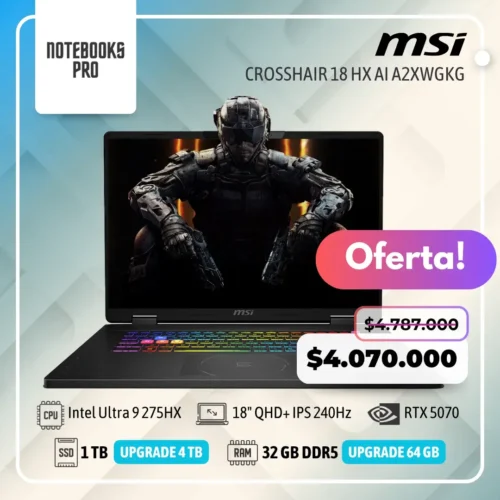 MSI CROSSHAIR 18 HX AI A2XWGKG - Ultra 9 275HX - SSD 1 TB - 32 GB RAM DDR5 - RTX 5070 - 18" QHD+ IPS 240Hz - Teclado Retroiluminado - 24 Núcleos