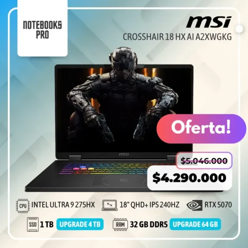 MSI CROSSHAIR 18 HX AI A2XWGKG - Ultra 9 275HX - SSD 1 TB - 32 GB RAM DDR5 - RTX 5070 - 18" QHD+ IPS 240Hz - Teclado Retroiluminado - 24 Núcleos