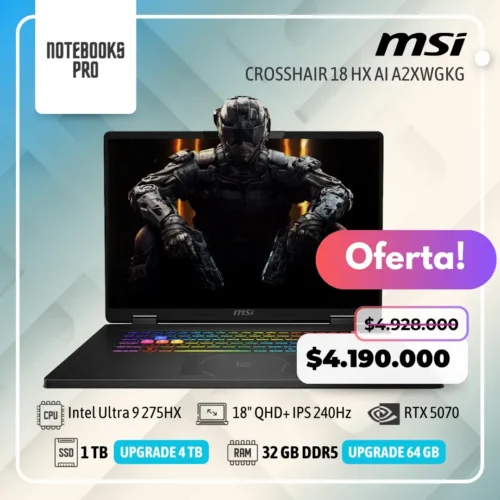 MSI CROSSHAIR 18 HX AI A2XWGKG - Ultra 9 275HX - SSD 1 TB - 32 GB RAM DDR5 - RTX 5070 - 18" QHD+ IPS 240Hz - Teclado Retroiluminado - 24 Núcleos
