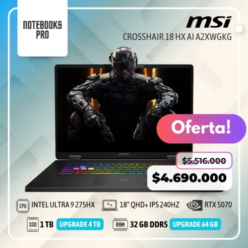 MSI CROSSHAIR 18 HX AI A2XWGKG - Ultra 9 275HX - SSD 1 TB - 32 GB RAM DDR5 - RTX 5070 - 18" QHD+ IPS 240Hz - Teclado Retroiluminado - 24 Núcleos