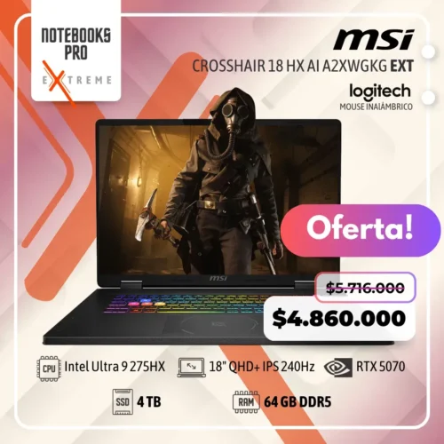 MSI CROSSHAIR 18 HX AI A2XWGKG EXTREME - Ultra 9 275HX - SSD 4 TB - 64 GB RAM DDR5 - RTX 5070 - 18" QHD+ IPS 240Hz - Teclado Retroiluminado - 24 Núcleos