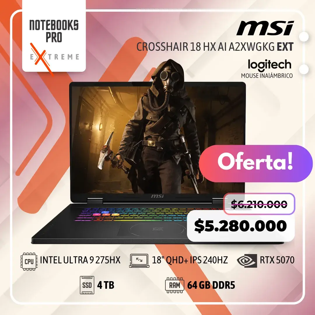 MSI CROSSHAIR 18 HX AI A2XWGKG EXTREME - Ultra 9 275HX - SSD 4 TB - 64 GB RAM DDR5 - RTX 5070 - 18" QHD+ IPS 240Hz - Teclado Retroiluminado - 24 Núcleos