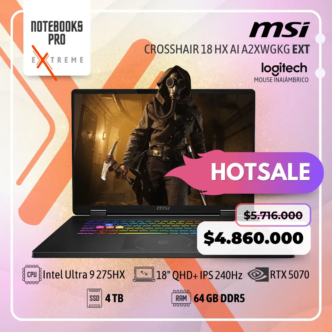 MSI CROSSHAIR 18 HX AI A2XWGKG EXTREME - Ultra 9 275HX - SSD 4 TB - 64 GB RAM DDR5 - RTX 5070 - 18" QHD+ IPS 240Hz - Teclado Retroiluminado - 24 Núcleos