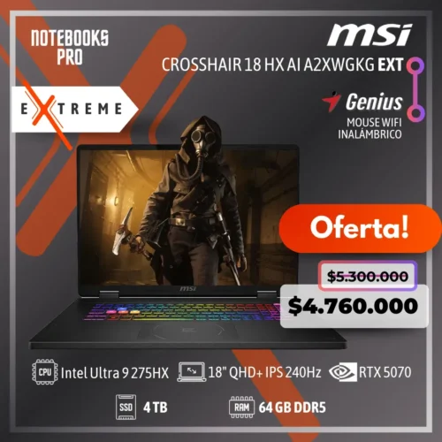 MSI CROSSHAIR 18 HX AI A2XWGKG EXTREME - Ultra 9 275HX - SSD 4 TB - 64 GB RAM DDR5 - RTX 5070 - 18" QHD+ IPS 240Hz - Teclado Retroiluminado - 24 Núcleos